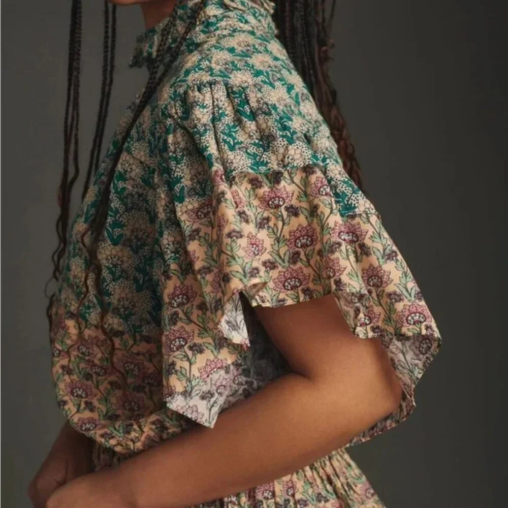 014 Anthropologie Let Me Be High Neck Printed Peasant Blouse NWOT Size XXS - Picture 6 of 14